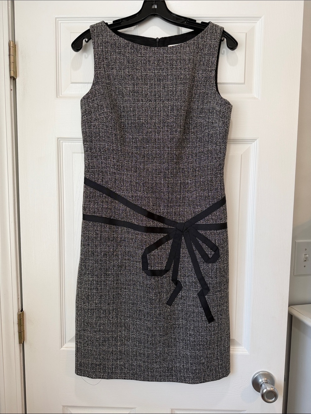 David Meister Black and Gray Tweed Sheath Dress with Bow Detail